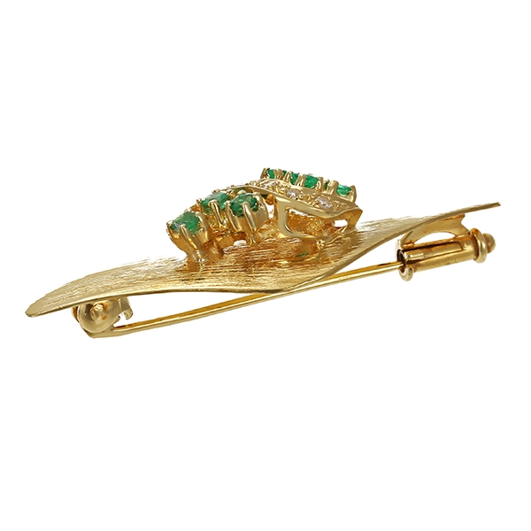Brosche, 14K, Gelbgold, Smaragd, Diamant