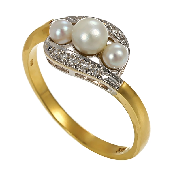 Ring, 14K, Gelb-/Weißgold, Perlen, Diamanten