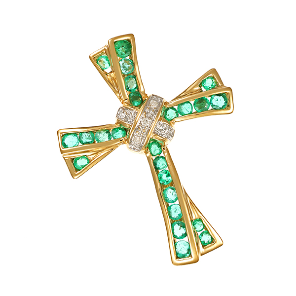 Anhänger, 14K, Gelbgold, Smaragde, Diamanten, Kreuz