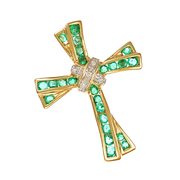 Anhänger, 14K, Gelbgold, Smaragde, Diamanten, Kreuz