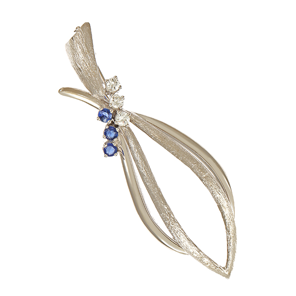 Brosche, 14K, Weißgold, Brillanten 0,21 ct, Saphir