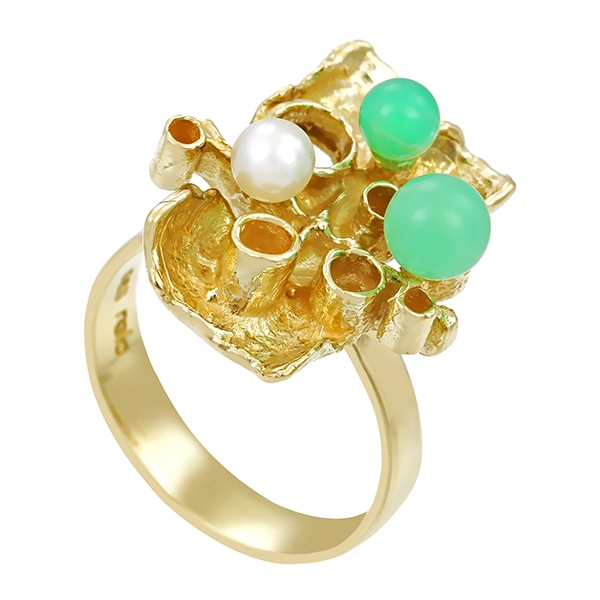 Ring, 14K, Gelbgold, Perle, Chrysopras