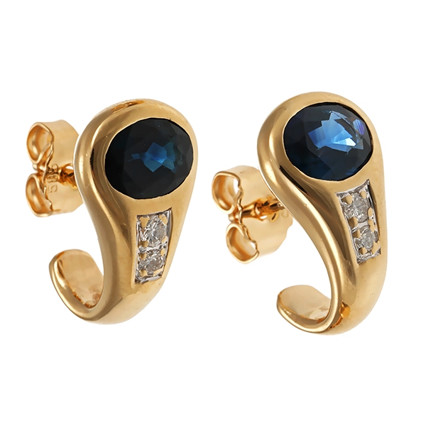 Steckcreolen, 14K, Gelbgold, Saphire, Brillanten