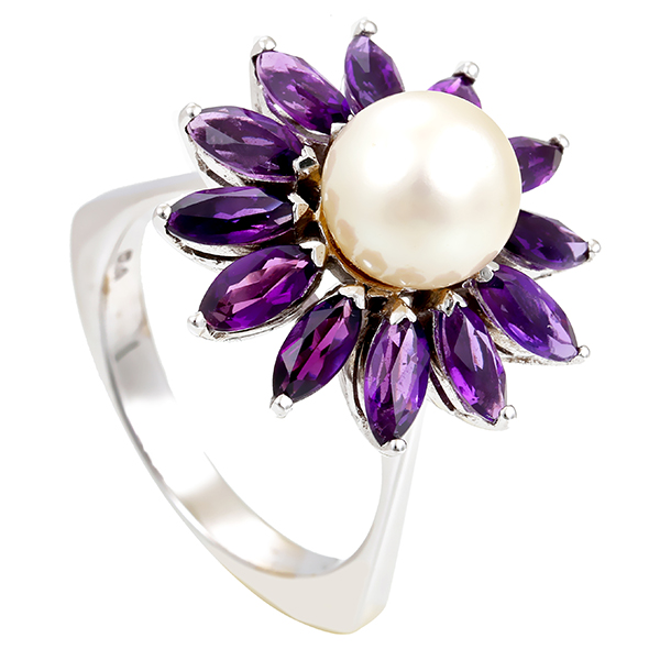 Ring, 18K, Weißgold, Perle, Amethyste