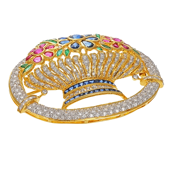 Brosche, 18K, Gelbgold, Saphir, Rubin, Smaragd, Brillanten