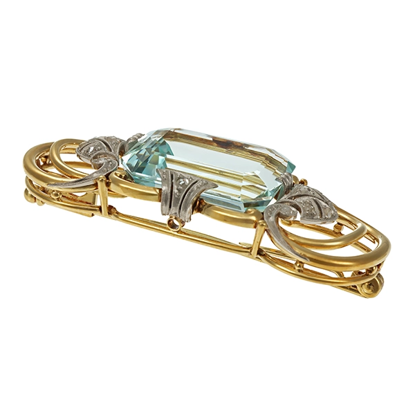 Brosche, 14K, Gelb-/Weißgold, Aquamarin, Diamantrosen