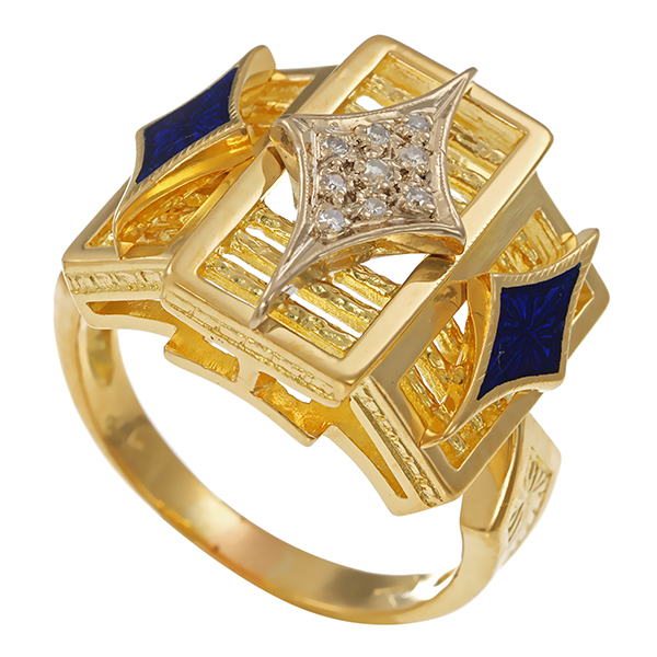 Ring, 18K, Gelbgold, Emaille, Diamanten