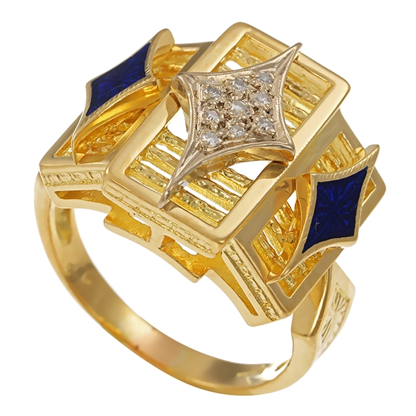 Ring, 18K, Gelbgold, Emaille, Diamanten