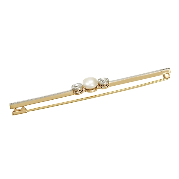 Brosche, 14K, Gelb-/Weißgold, Perle, Diamanten