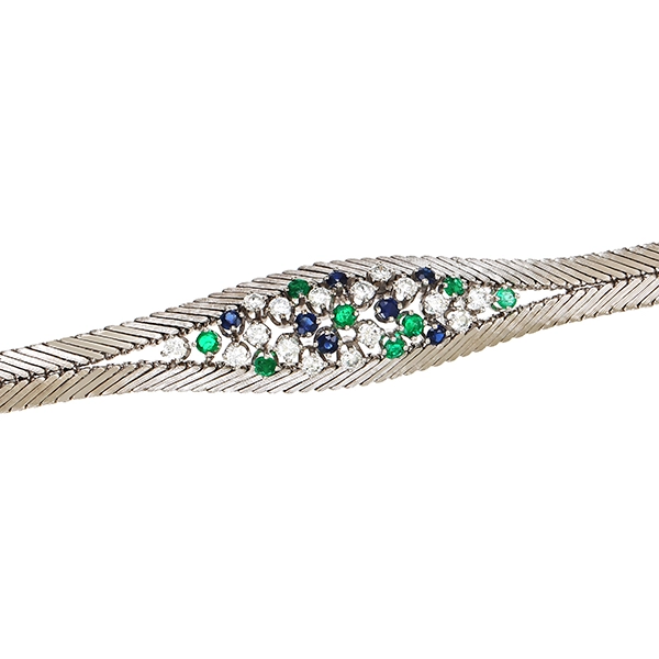 Armband, 18K, Weißgold, Brillant, Saphir, Smaragd