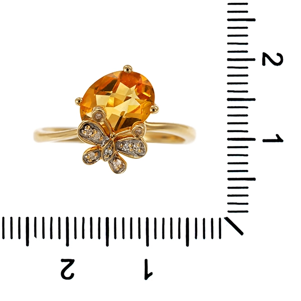 Ring, 14K, Gelbgold, Citrin, Diamant, Schmetterling