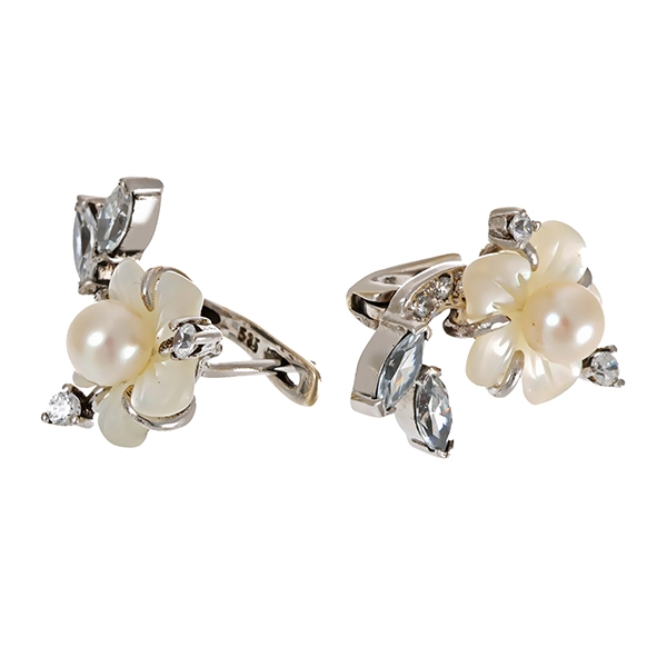 Ohrringe, 14K, Weißgold, Perlmutt, Zirkonia