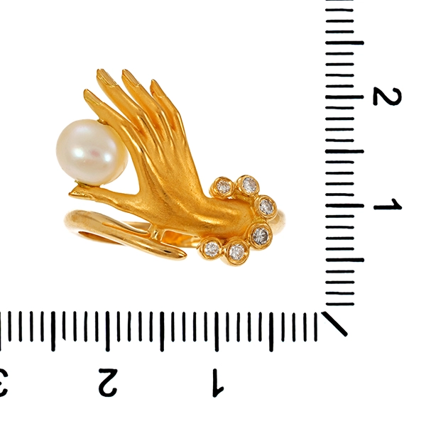 Ring, 18K, Gelbgold, Perle, Brillanten, Hand