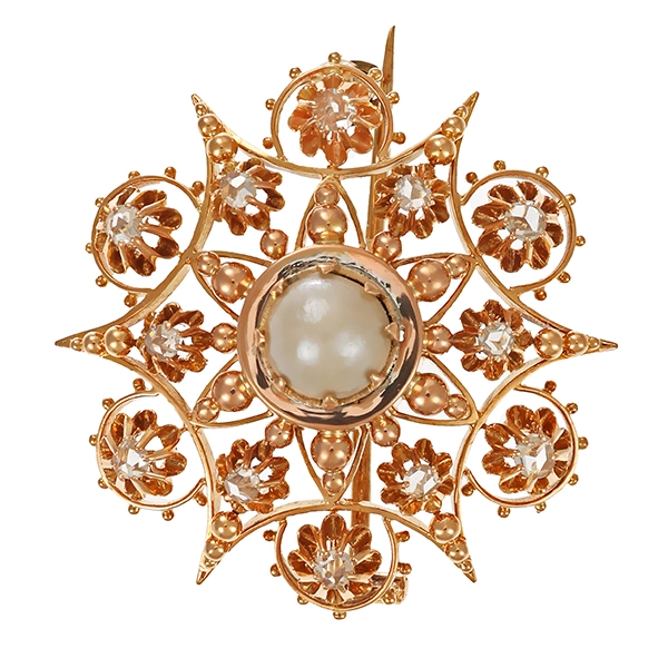 Brosche, 14K, Rotgold, Perle, Diamantrosen