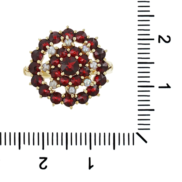 Ring, 14K, Gelbgold, Perle, Granat