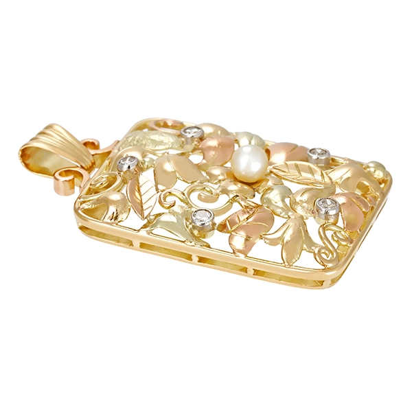 Anhänger, 14K, Gelb-/Rotgold, Diamanten, Perle