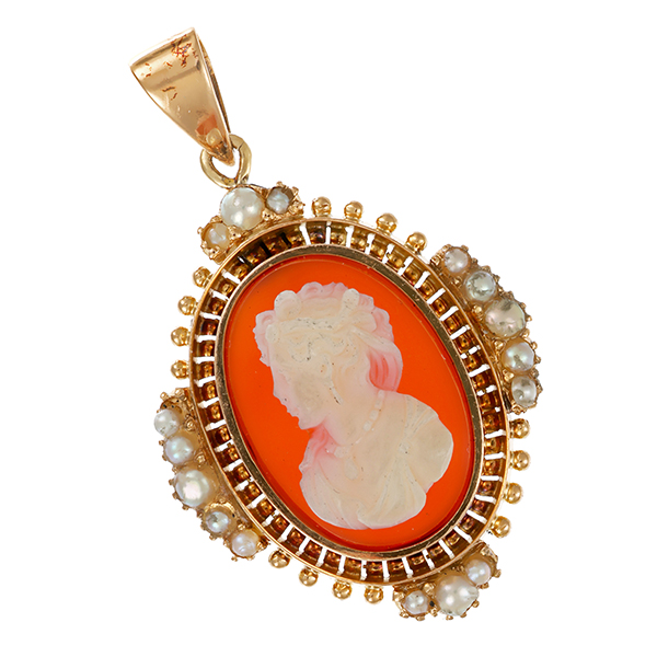 Anhänger, 14K, Gelbgold, Kamee, Flußperlen