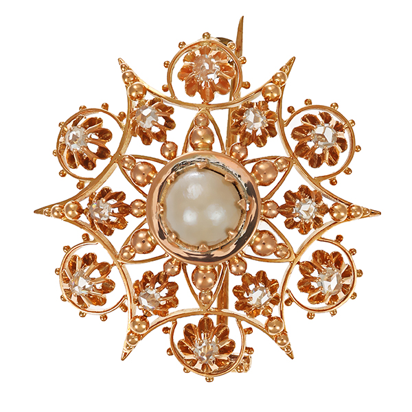 Brosche, 14K, Rotgold, Perle, Diamantrosen