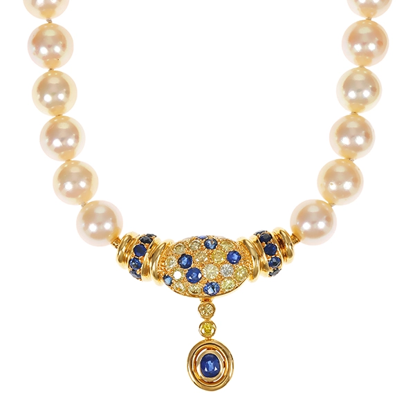 Collier, 18K, Gelbgold, Perlen, Brillant, Saphir