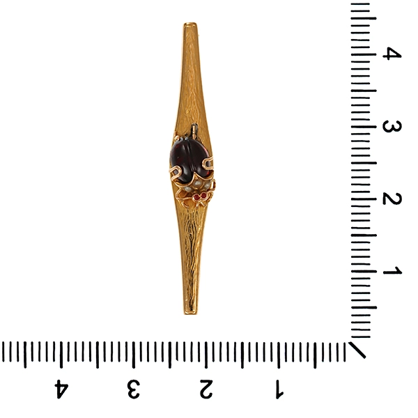 Brosche, 14K, Gelbgold, Perlen, Granat