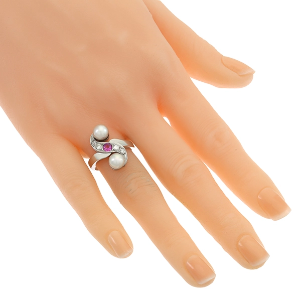 Ring, 14K, Weißgold, Perlen, Diamanten, Rubin