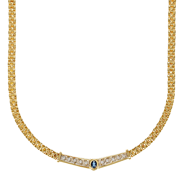 Collier, 14K, Gelbgold, Brillant, Saphir