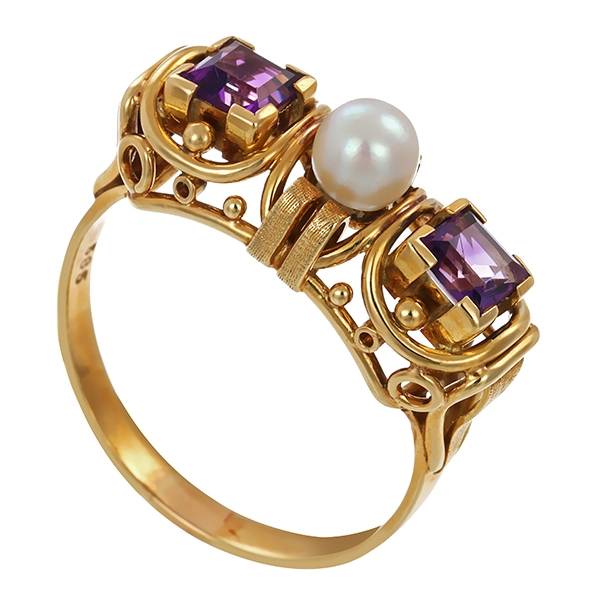 Ring, 14K, Gelbgold, Perle, Amethyst