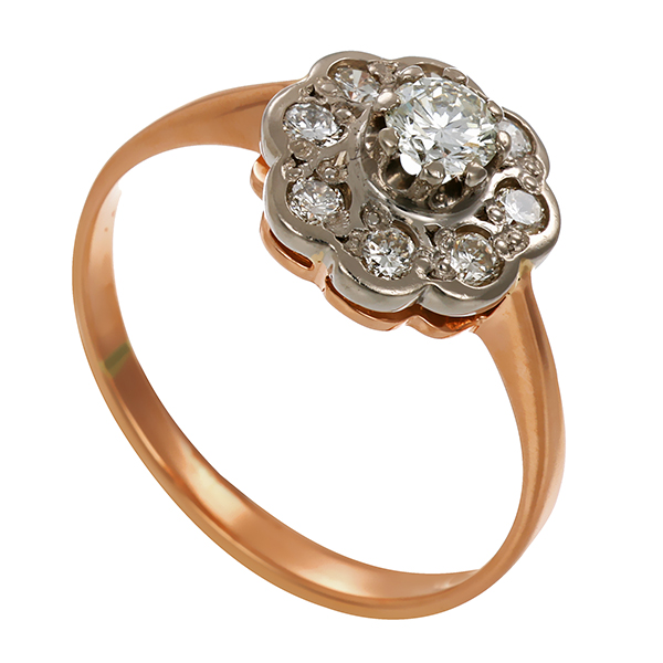Ring, 14K, Rot-/Weißgold, Brillant, Antikstil