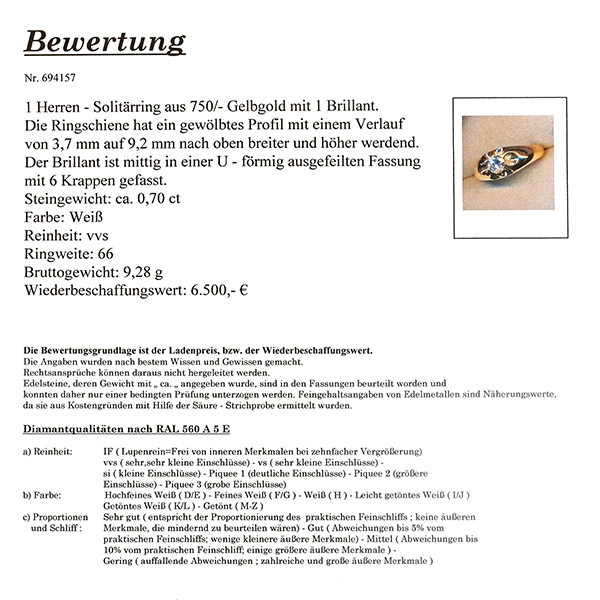 Herrenring, 18K, Gelbgold, Brillant 0,70 ct