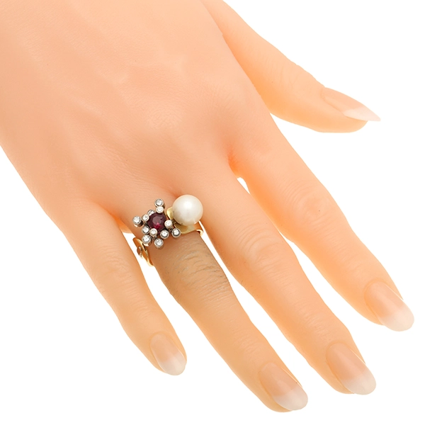 Ring, 18K, Gelb-/Weißgold, Rubin, Perle, Brillanten