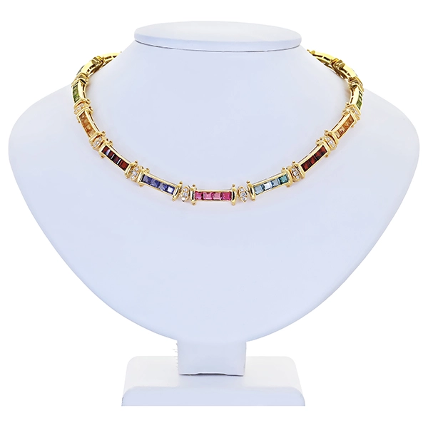 Collier 750 / 67,60gr Gelbgold  L 41cm Fremdzertifikat  51 Brill. z.ca.  1,02ct  W (H) VS-SI 20 Turmaline 8 Amethyste 4 Topase 8 Peridot 8 Citrine 8 Granate 4 Tansanite 8 Aquamarine