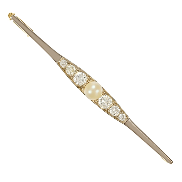 Brosche, 14K, Gelb-/Weißgold, Perle, Brillanten 0,70 ct
