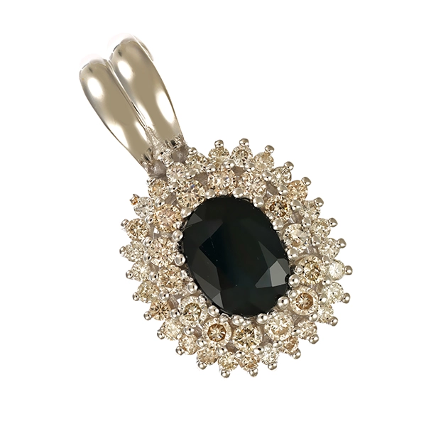 Anhänger, 14K, Weißgold, Saphir, Brillanten