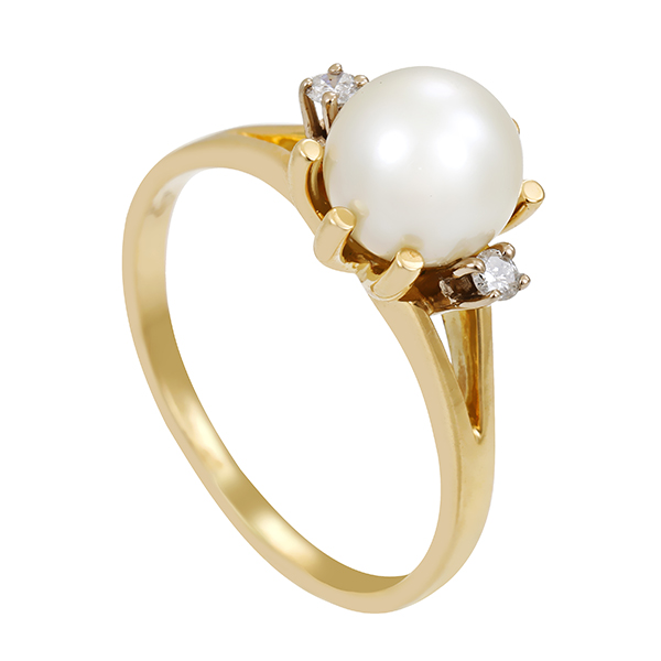 Ring, 14K, Gelbgold, Perle, Brillanten