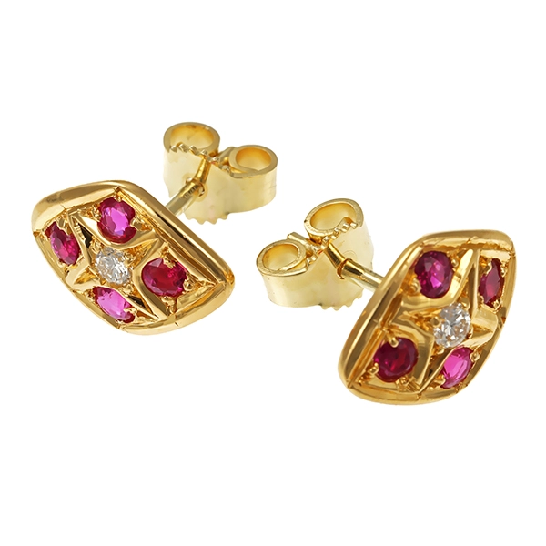 Ohrstecker, 14K, Gelbgold, Rubine, Brillanten