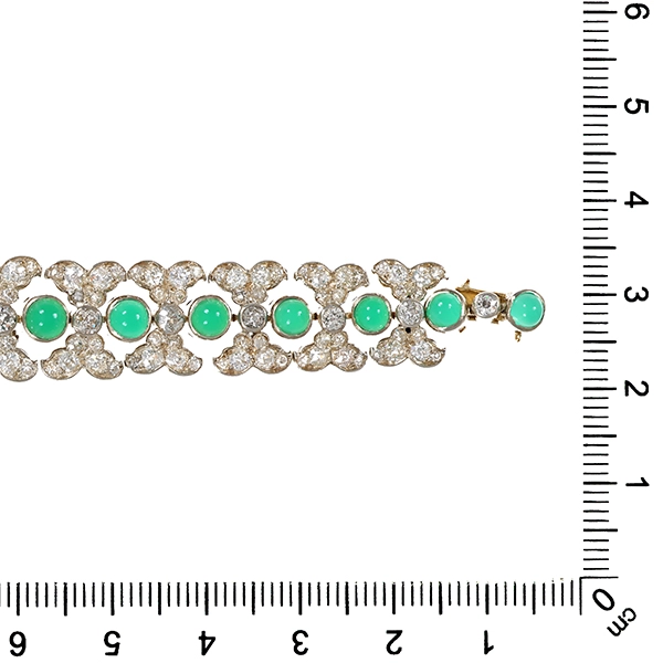 Armband, 14K, Gelb-/Weißgold, Chrysopras, Diamanten Altschliff, L19cm