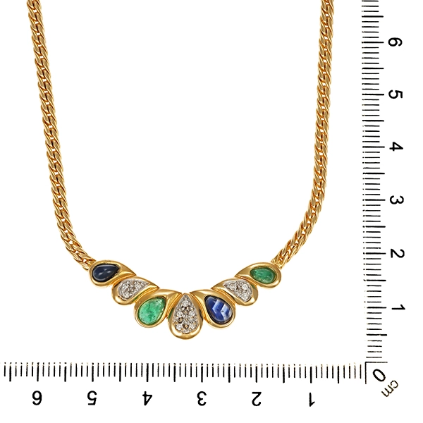 Collier, 14K, Gelb-/Weißgold, Brillanten, Smaragd, Saphir