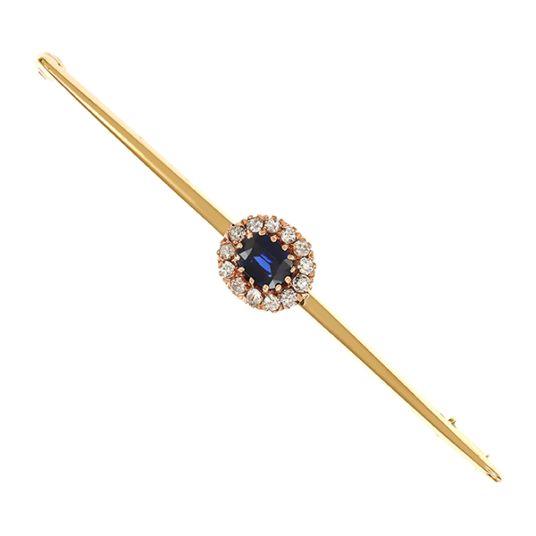 Brosche, 14K, Gelbgold, Saphir, Diamanten