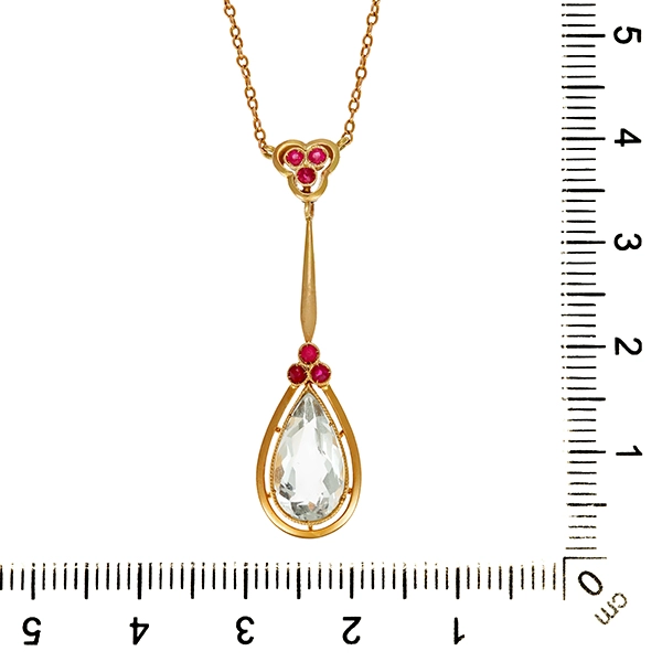 Collier, 14K, Gelbgold, Aquamarin, synth. Rubin