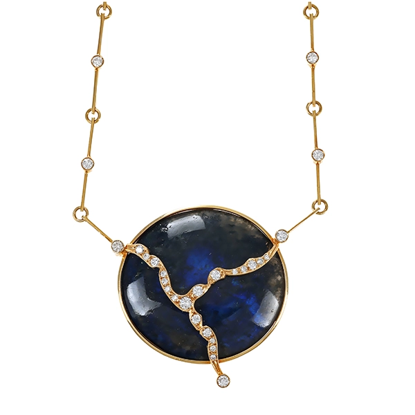 Collier, 14K, Gelbgold, Labradorit, Brillantern