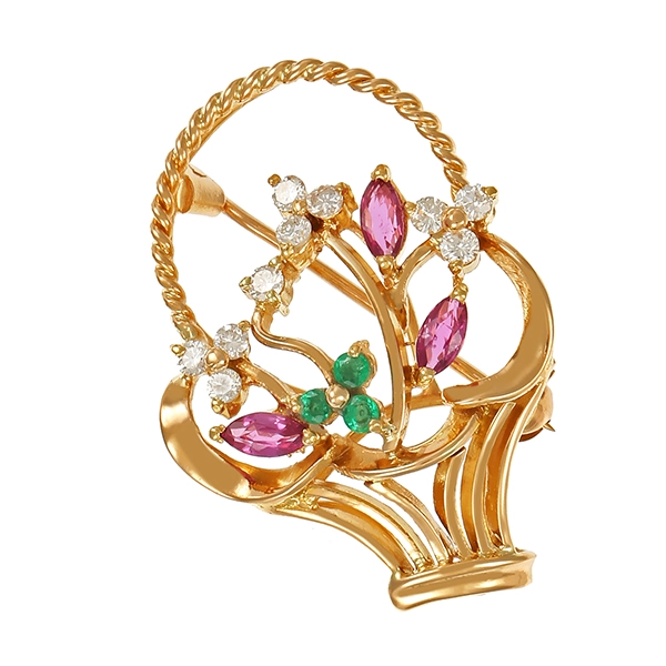 Brosche, 18K, Gelbgold, Brillant, Rubin, Smaragd