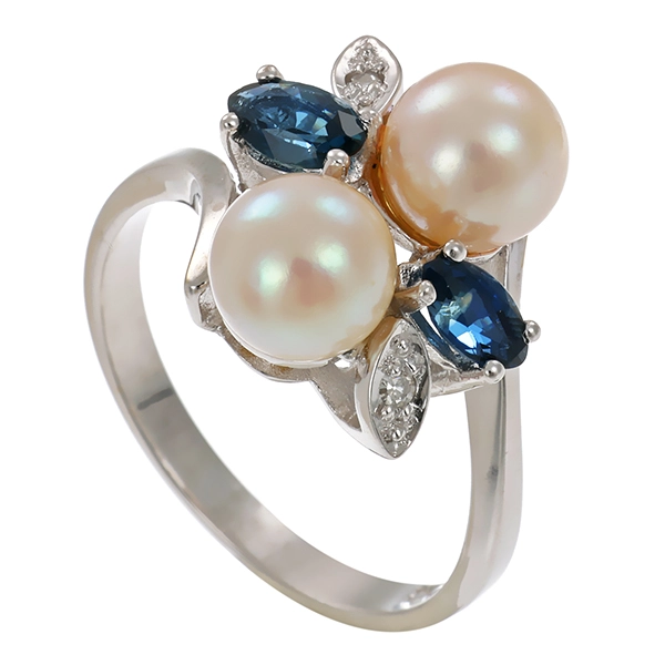 Ring, 14K, Weißgold, Saphir, Perle