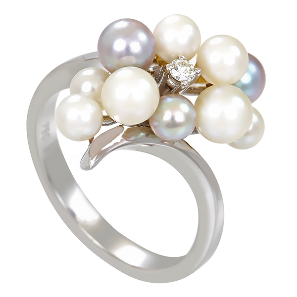 Ring, 18K, Weißgold, Perlen, Brillant