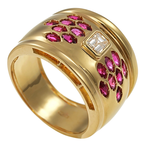Ring, 18K, Gelbgold, Diamant, Rubine