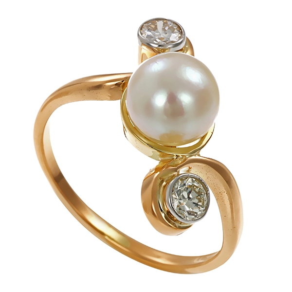 Ring, 14K, Gelbgold, Perle, Diamanten