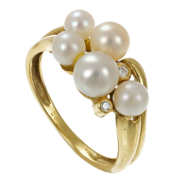 Ring, 14K, Gelbgold, Perlen, Brillant