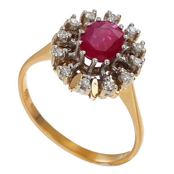 Ring, 14K, Gelb-/Weißgold, Diamanten, synth. Rubin