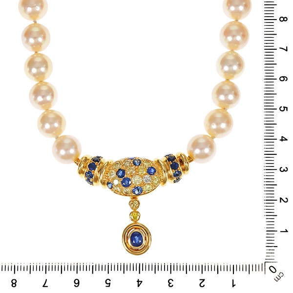 Collier, 18K, Gelbgold, Perlen, Brillant, Saphir