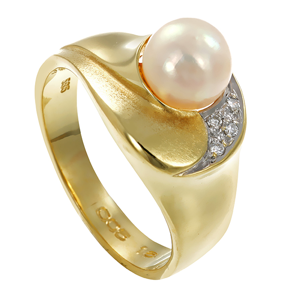 Ring, 14K, Gelbgold, 1 zuchtperle, 4 Brillsmten