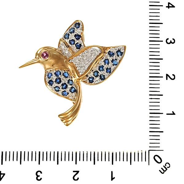 Brosche, 8K, Gelb-/Weißgold, Saphir, Diamant
